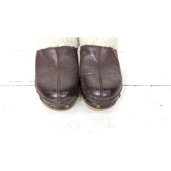 Brown leather Lucky Brand slip on mule clog faux sheepskin sandals - Picture 4 of 9